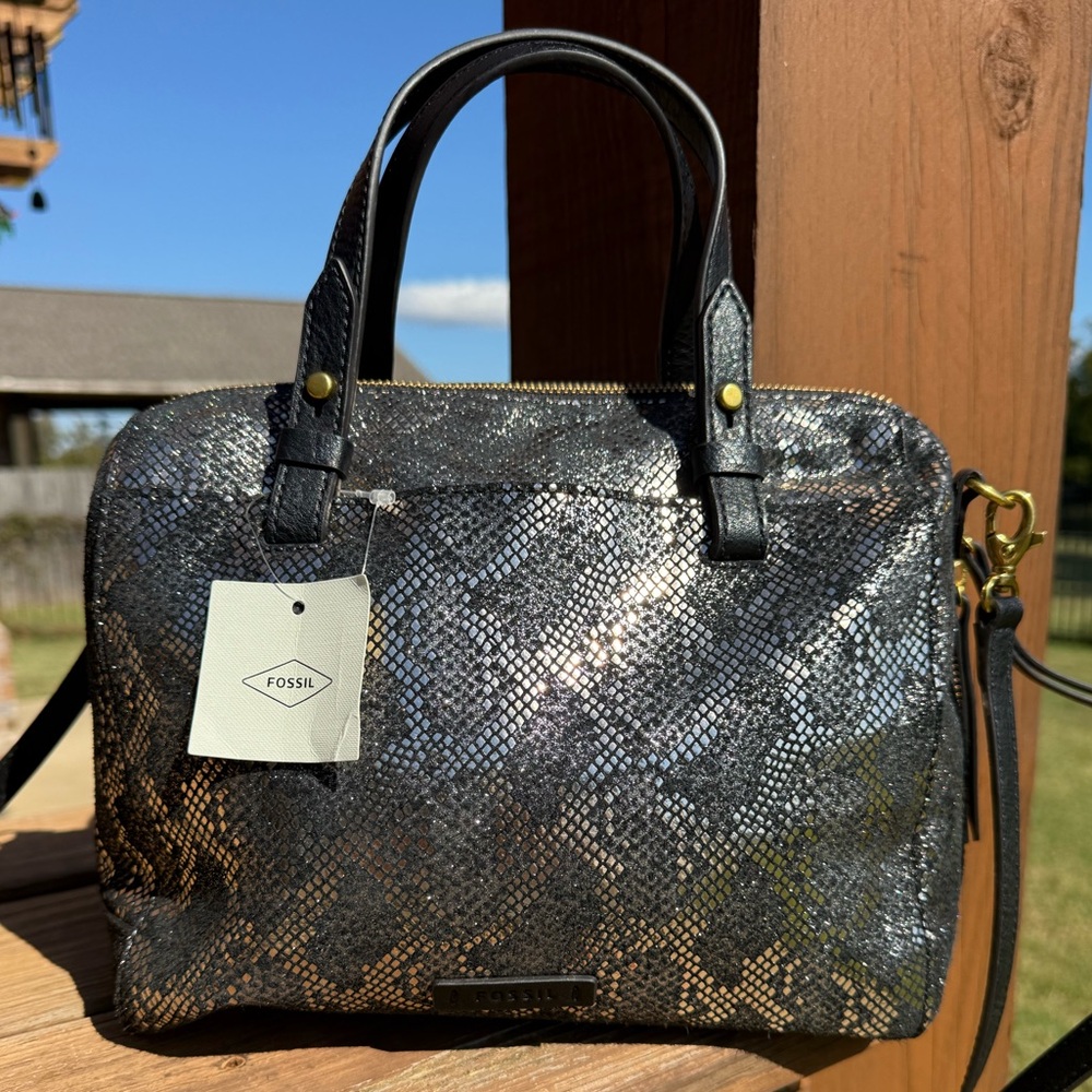 Fossil Metallic Snake-Print Satchel in Black and Gold